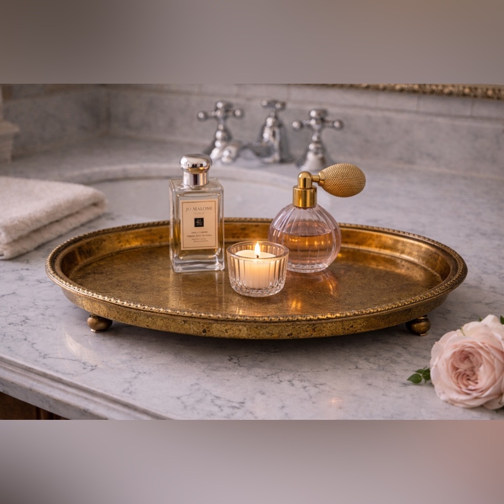 Vintage Maitland-Smith Footed Brass Oval Tray Hollywood Regency Vanity Stamped